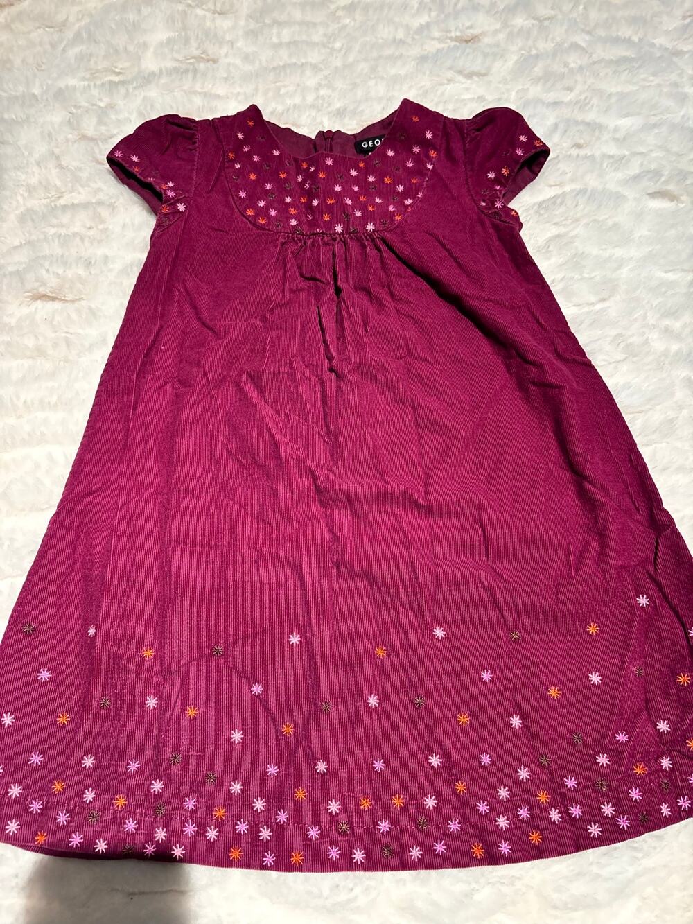 George Girls Burgundy Corduroy Dress Size 6 Embroidered Floral Star Holiday